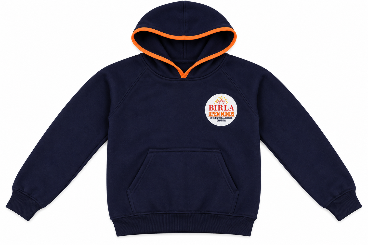 Birla Open Minds navy hoodie front with orange trim and school logo