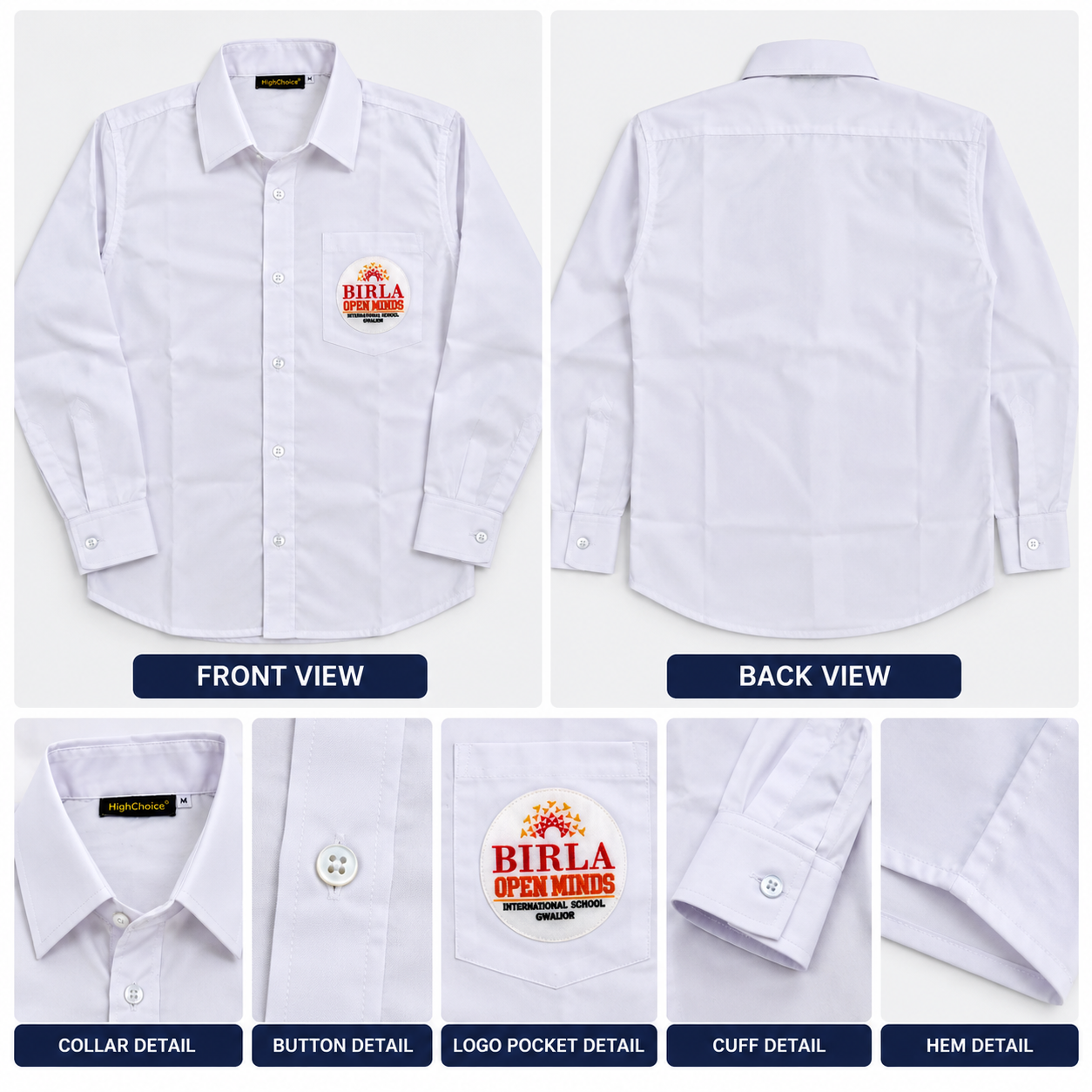 Birla Open Minds white full-sleeve shirt front and back with collar, logo pocket and cuff details